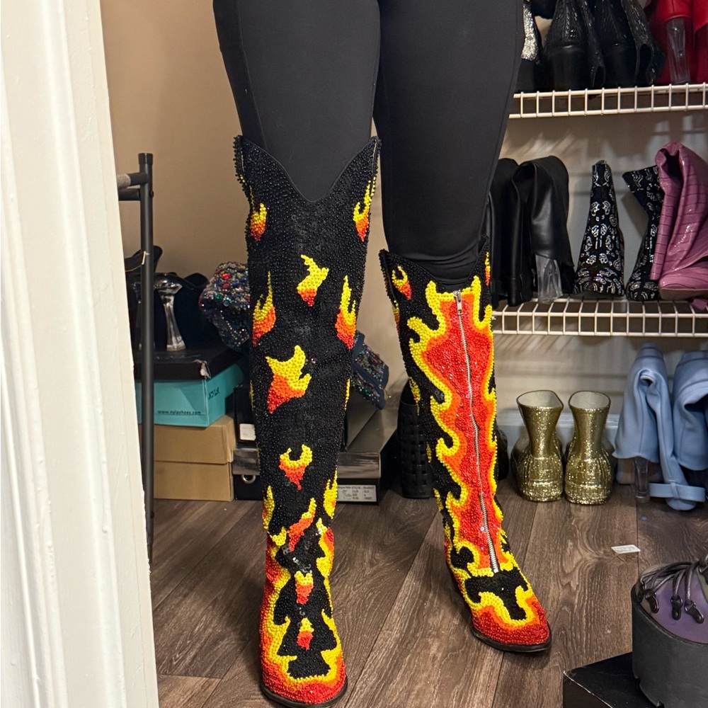 Red and Yellow Over the Knee Boots with Dynamic Flame Design